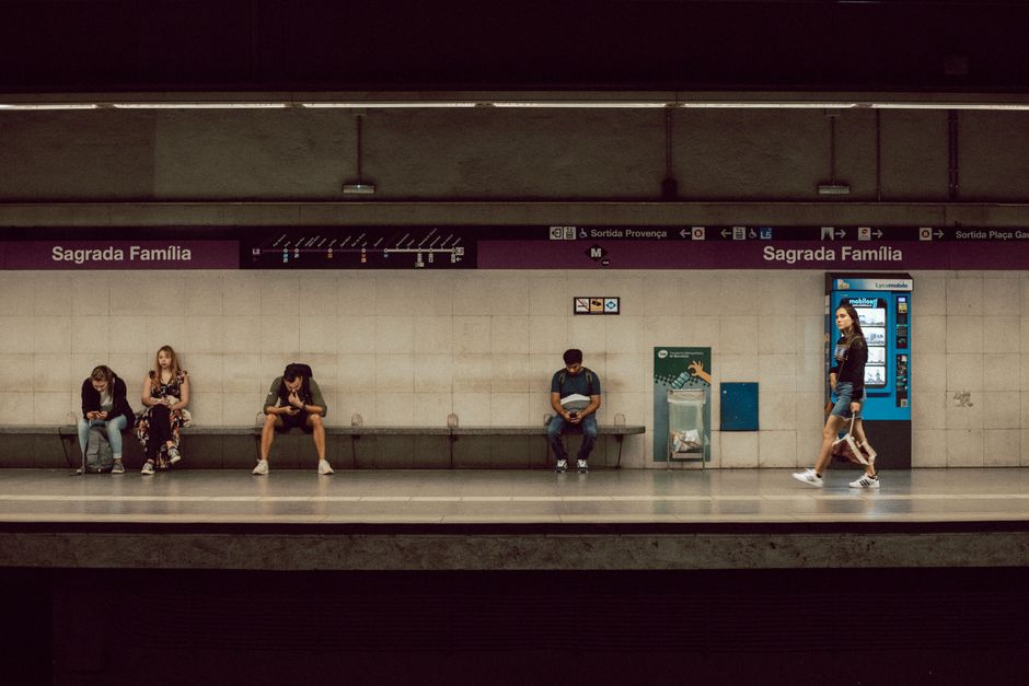 Commuters at Sagrada Familia station in Barcelona on a typical day.