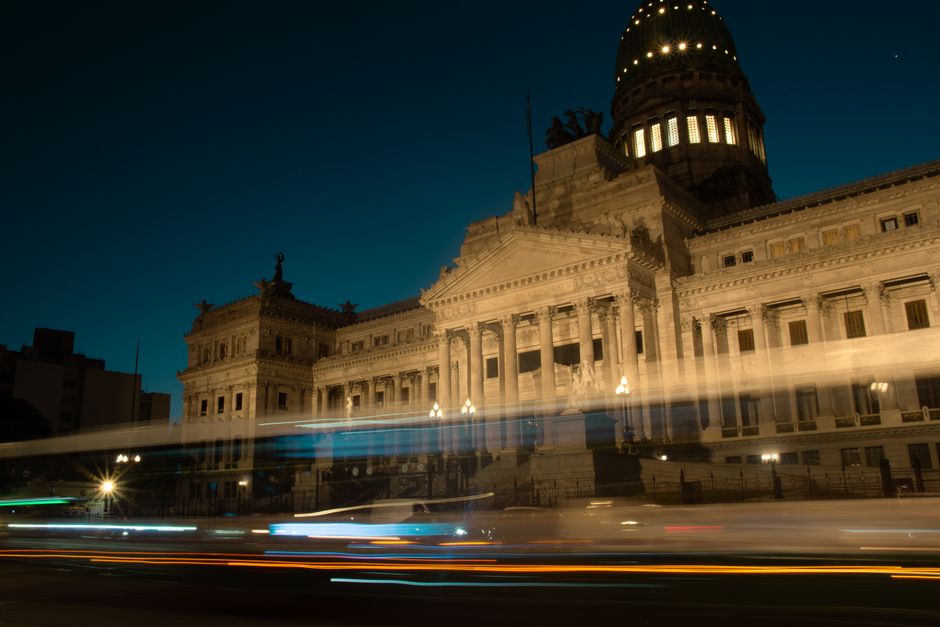 Long exposure capturing the Argentine National Congress in Buenos Aires at night.